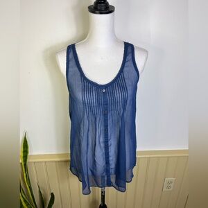 Y2K Aerie Sheer Tank Top S Pintuck Lace Trim Blue Button Front Racerback Grunge